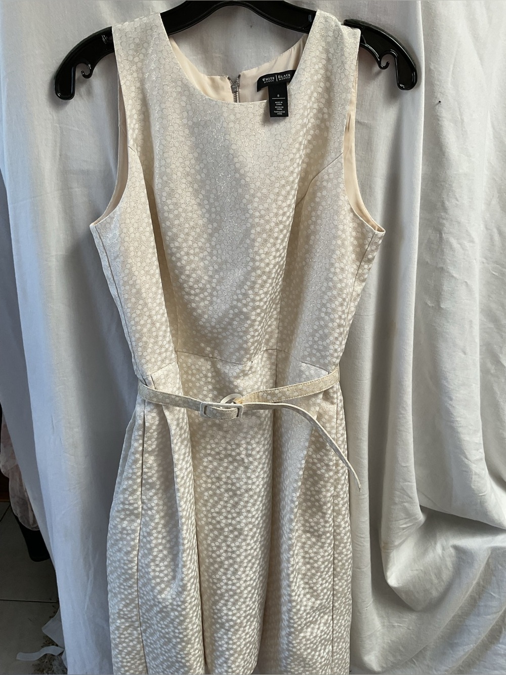 White House Black Market Ivory Textured Sleeveless Sheath Dress with Belt